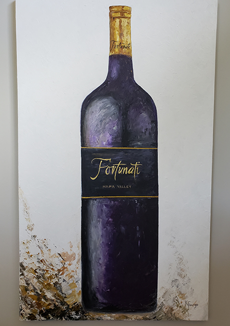 Painting of a Fortunati wine bottle by Karen Fourgo