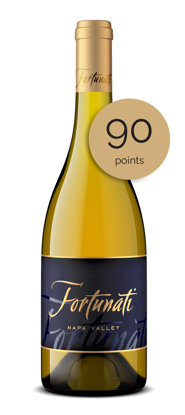 Bottle shot of 2018 Chardonnay with 90 point score