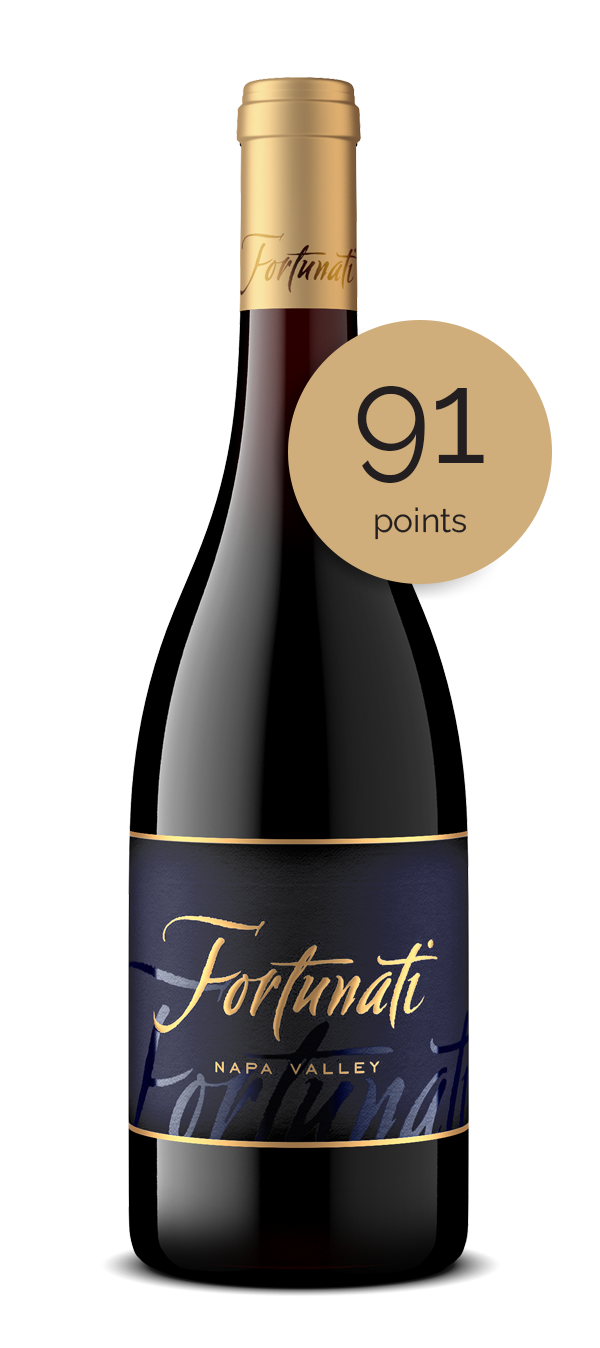 Bottle shot of 2020 Pinot Noir with a 91 point medallion