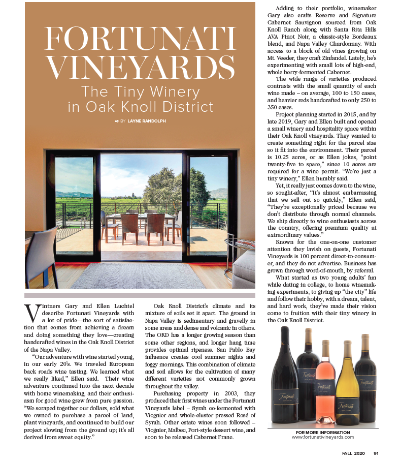 Napa Valley Life Magazine article for Fall of 2020
