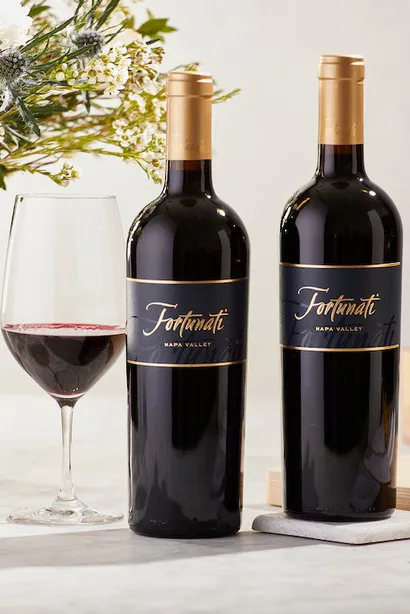 Fortunati Wine Glasses and bottles on a table